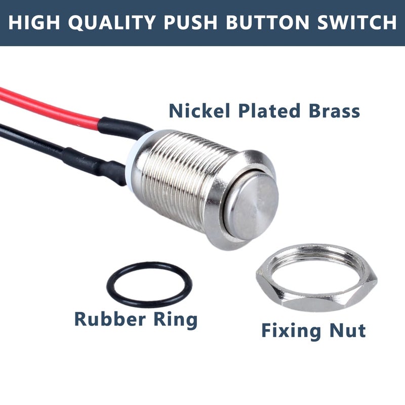 DMWD 2-Pack 12mm Momentary Metal Waterproof Push Button Switch Raised Head 1/2" Mounting Hole with Pre-soldered Cable 250V 2A 1NO - Image 5